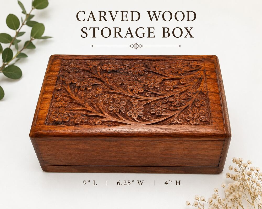 Carved Wood Floral Storage Box Sliding Bottom Door Decorative Keepsake 9 Inch